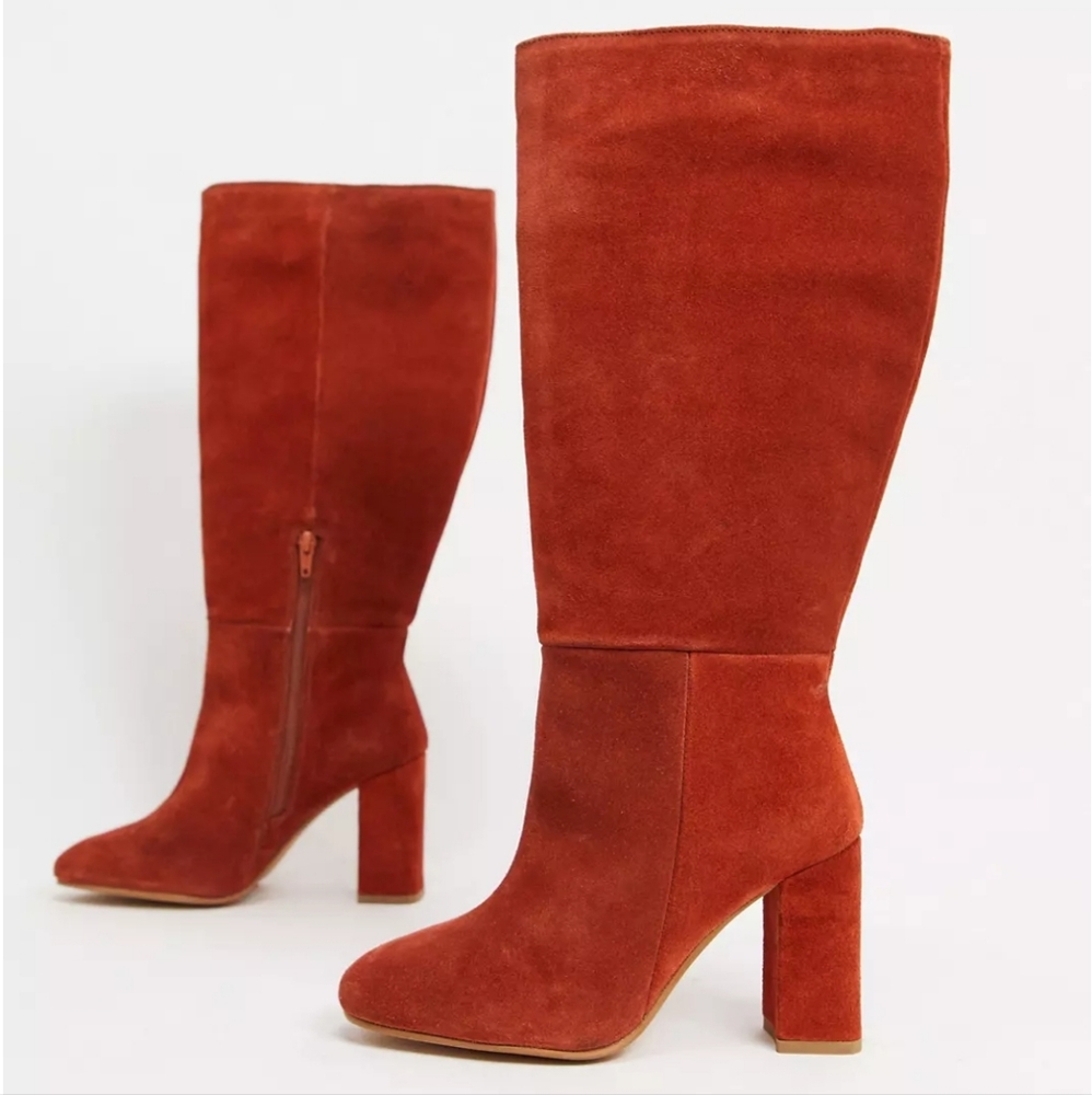 ASOS DESIGN Wide Calf Comet Suede Knee High Boots in Rust Red size 6